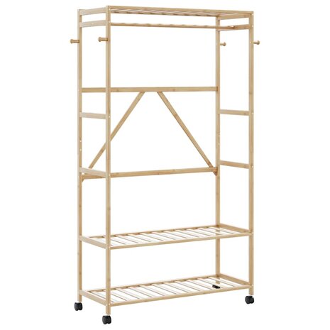 Kledingrek met schappen en wielen 110x40x180 cm bamboe 1