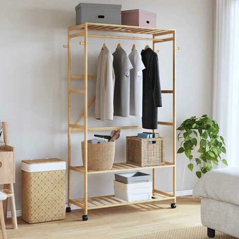 Kledingrek met schappen en wielen 110x40x180 cm bamboe 2