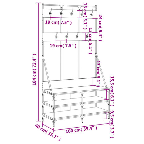 Kledingrek met schoenenrek 100x40x184 cm gerookt eikenkleurig 9