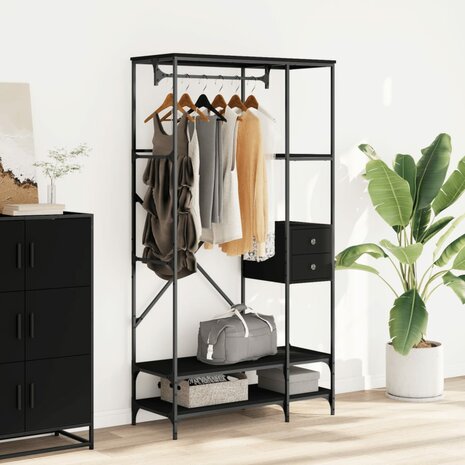 Kledingrek met schappen bewerkt hout zwart 3