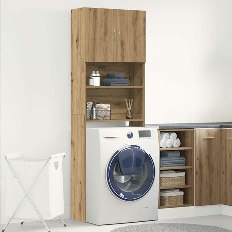 Wasmachinekast 64x24x190 cm bewerkt hout artisanaal eikenkleur 3