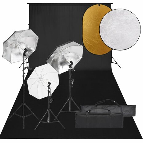 Fotostudioset met verlichtingsset, achtergrond en reflector 1