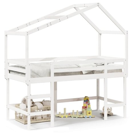 Halfhoogslaper met ladder en bedhuis grenenhout wit 80x200 cm 2