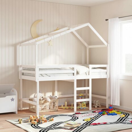 Halfhoogslaper met ladder en bedhuis grenenhout wit 90x190 cm 1