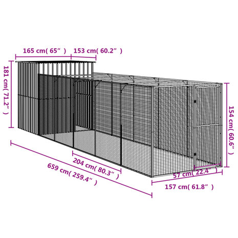 Hondenhok met ren 165x659x181 cm gegalvaniseerd staal grijs 8