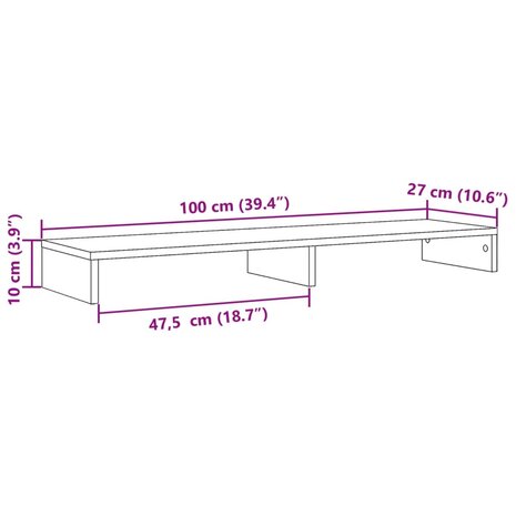 Monitorstandaard 100x27x10 cm bewerkt hout betongrijs 9