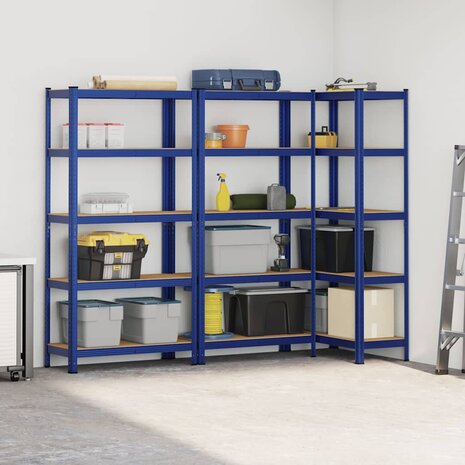Opbergrekken 3 st 5-laags staal en bewerkt hout blauw 3