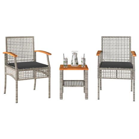 3-delige Bistroset met kussens poly rattan en acaciahout grijs 1