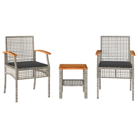 3-delige Bistroset met kussens poly rattan en acaciahout grijs 2
