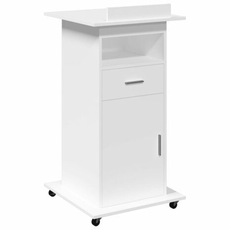 Lessenaar met wielen en lade 55x55x107 cm bewerkt hout wit 2