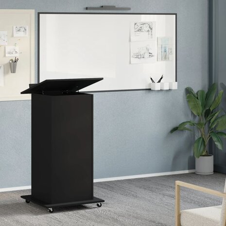 Lessenaar met wielen en lade 55x55x107 cm bewerkt hout zwart 3
