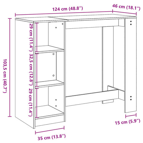 Bartafel met schap 124x46x103,5 cm bewerkt hout betongrijs 9