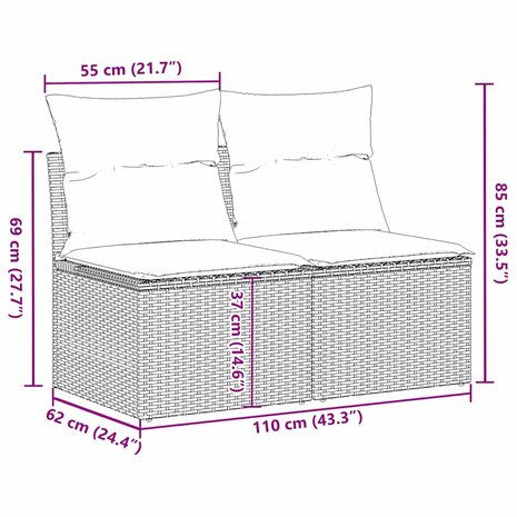 2-delige Loungeset met kussens poly rattan acacia grijs 7