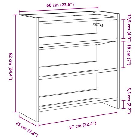 Schoenenrek 60x25x62 cm bewerkt hout grijs sonoma eikenkleurig 9