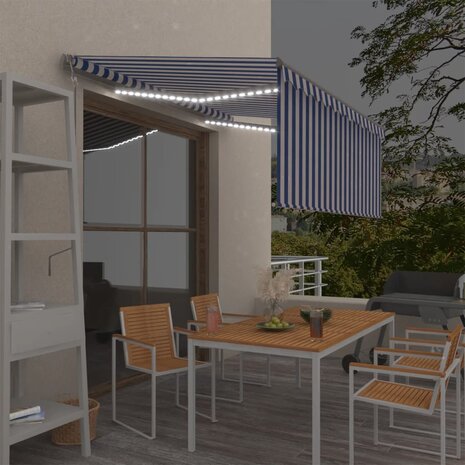 Luifel met rolgordijn, LED en windsensor 3,5x2,5 m blauw en wit 1