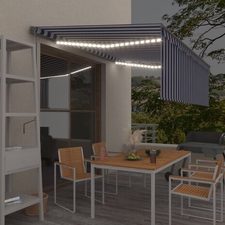 Luifel met rolgordijn, LED en windsensor 4,5x3 m blauw en wit 1