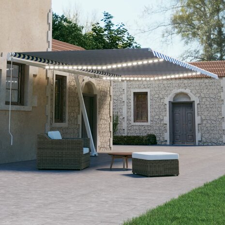 Luifel automatisch met LED en windsensor 600x300 cm blauw wit 1