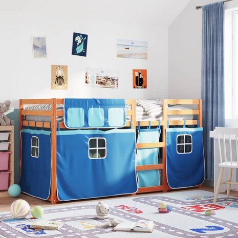 Stapelbed met gordijnen 90x190 cm massief grenenhout blauw 1