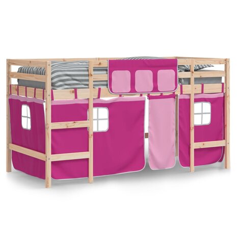 Kinderhoogslaper met gordijnen 90x190 cm grenenhout roze 3