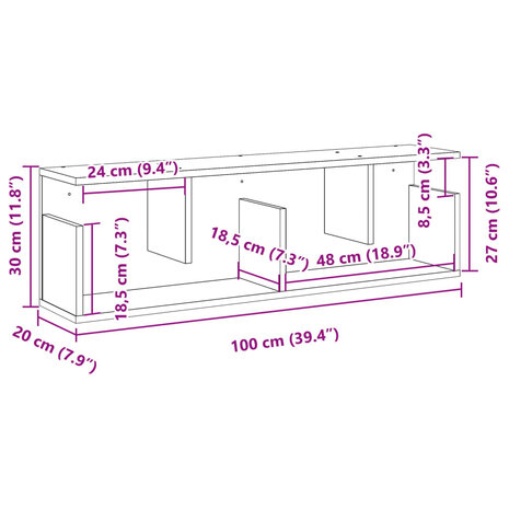 Wandkast 100x20x30 cm bewerkt hout grijs sonoma eikenkleurig 9