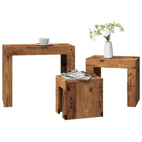 3-delige Tafeltjesset bewerkt hout oud houtkleurig 1