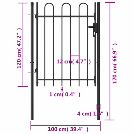 Poort met gebogen bovenkant enkel 1x1,2 m staal zwart 5