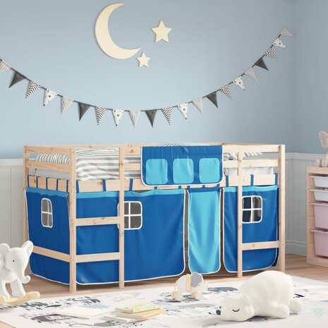 Kinderhoogslaper met gordijnen 90x200 cm grenenhout blauw 1