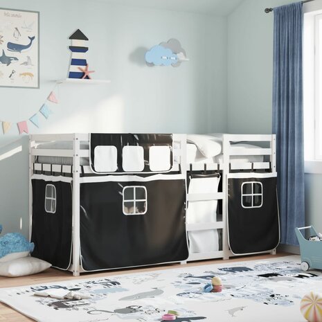 Stapelbed met gordijnen 90x190 cm grenenhout wit en zwart 1