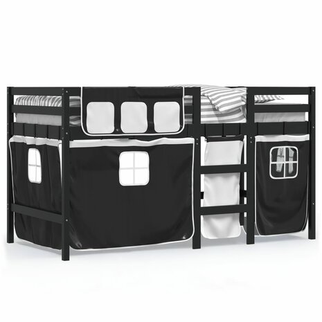 Kinderhoogslaper met gordijnen 90x200 cm grenenhout wit zwart 2