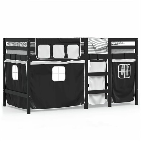Kinderhoogslaper met gordijnen 90x190 cm grenenhout wit zwart 2