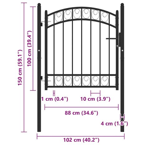 Poort met gebogen bovenkant 100x100 cm staal zwart 5
