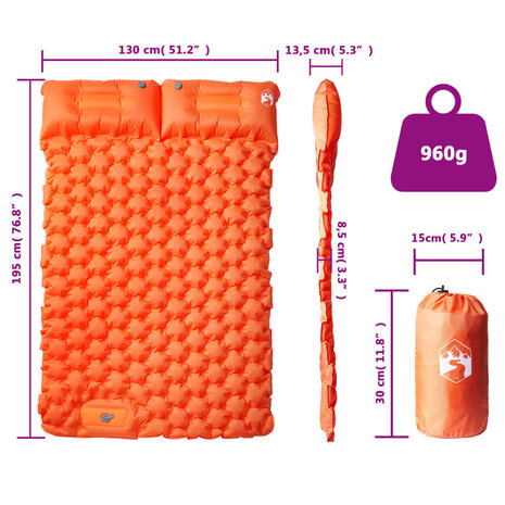 Kampeermatras met kussens zelfopblazend 2-persoons oranje 6