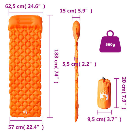 Kampeermatras met kussen opblaasbaar 1-persoons oranje 6