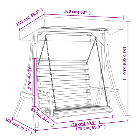 Schommelbank met luifel vurenhout met teak afwerking 8