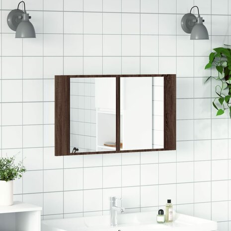 Badkamerkast met spiegel LED 80x12x45 acryl bruineikenkleurig 3