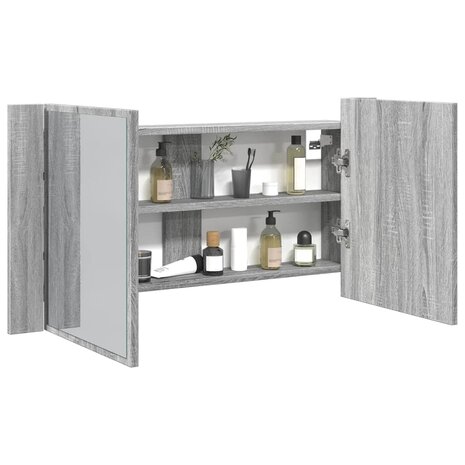 Badkamerkast met spiegel en LED 90x12x45 cm acryl grijs sonoma 1
