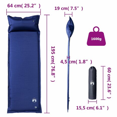Kampeermatras met kussen zelfopblazend 1-persoons marineblauw 6