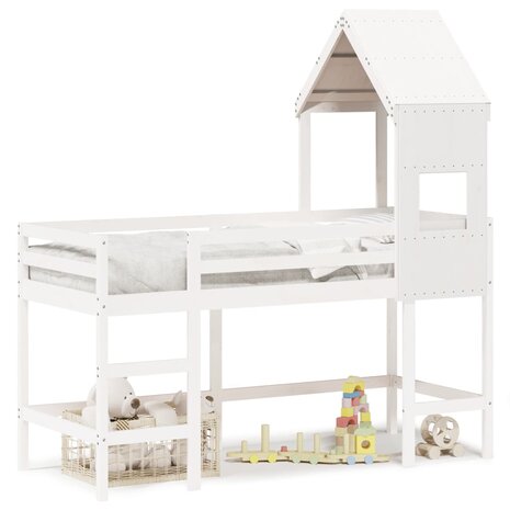 Halfhoogslaper met ladder en bedhuis grenenhout wit 90x190 cm 2