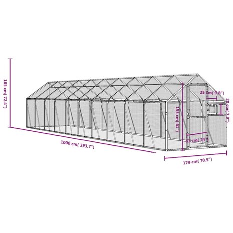 Volière 1,79x10x1,85 m aluminium zilverkleurig 7