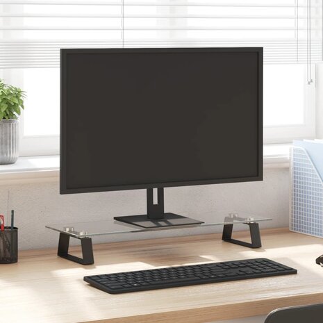 Monitorstandaard 60x20x8 cm gehard glas en metaal zwart 1