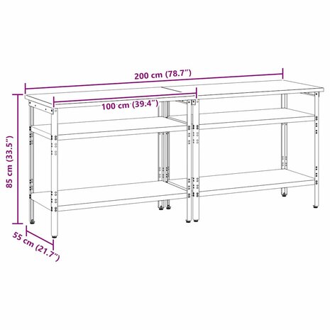 Werkbankset met plank 2 pcs Grijs 200 x 55 x 85 cm Staal 9