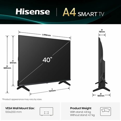 Smart TV Hisense 40A4Q        40 Full HD DLED 40" 5