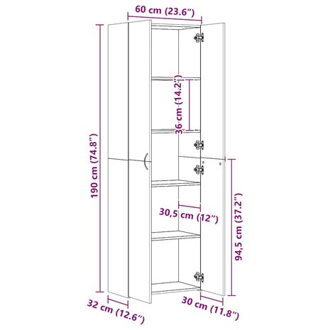 Kantoorkast 60x32x190 cm bewerkt hout grijs sonoma eikenkleurig 8