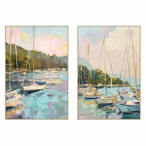 Schilderij Home ESPRIT Blauw Groen Grijs Roze Jacht Mediterrane (2 Stuks) 1