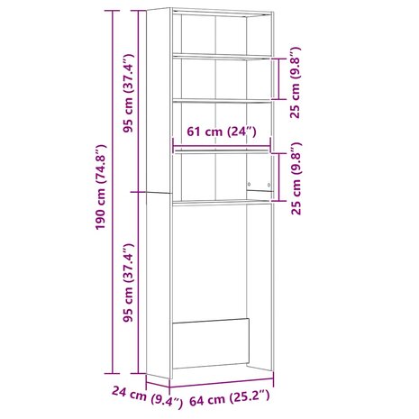 Wasmachinekast 64x24x190 cm wit en sonoma eikenkleurig 9