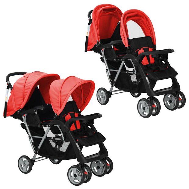 Kinderwagen dubbel staal rood en zwart  1