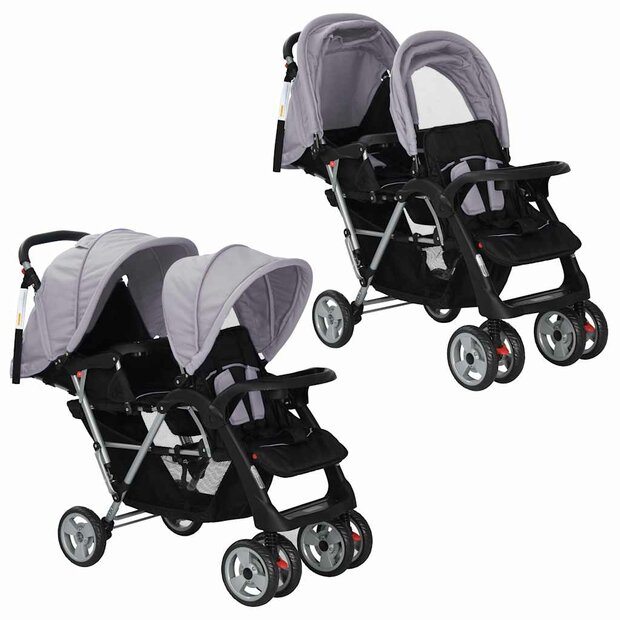 Kinderwagen dubbel staal grijs en zwart  1