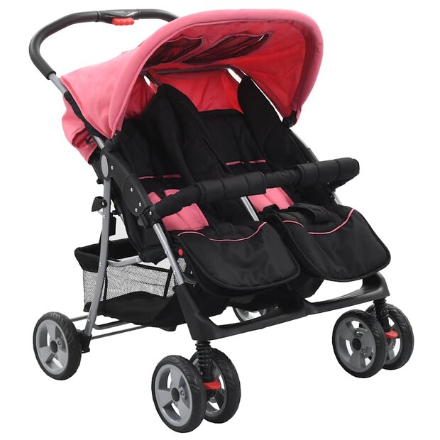 Tweeling kinderwagen staal roze en zwart 1