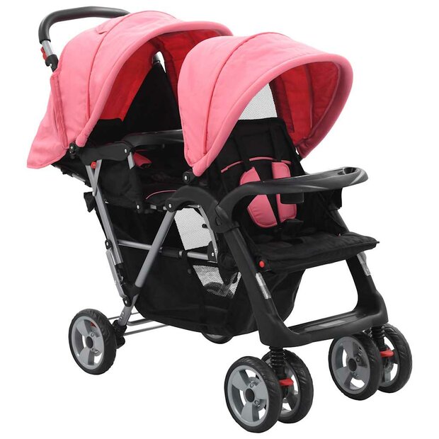 Kinderwagen dubbel staal roze en zwart 1