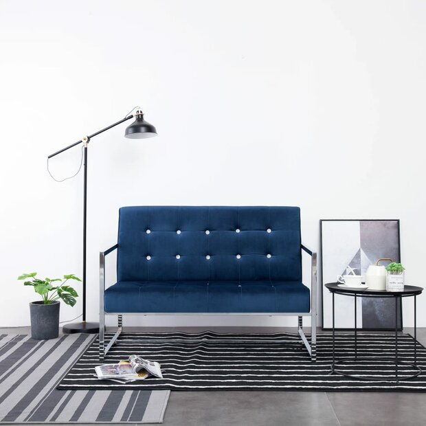 Tweezitsbank met armleuningen chroom en fluweel blauw 1